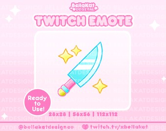 May include: A digital Twitch emote featuring a cartoon knife with a light blue blade and pink handle, accented with yellow stars. The text "TWITCH EMOTE" is displayed above the image, with "Ready to Use!" below. The image dimensions are listed.