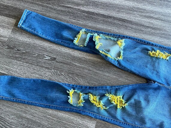 Blue Jeans With Yellow Distress Etsy