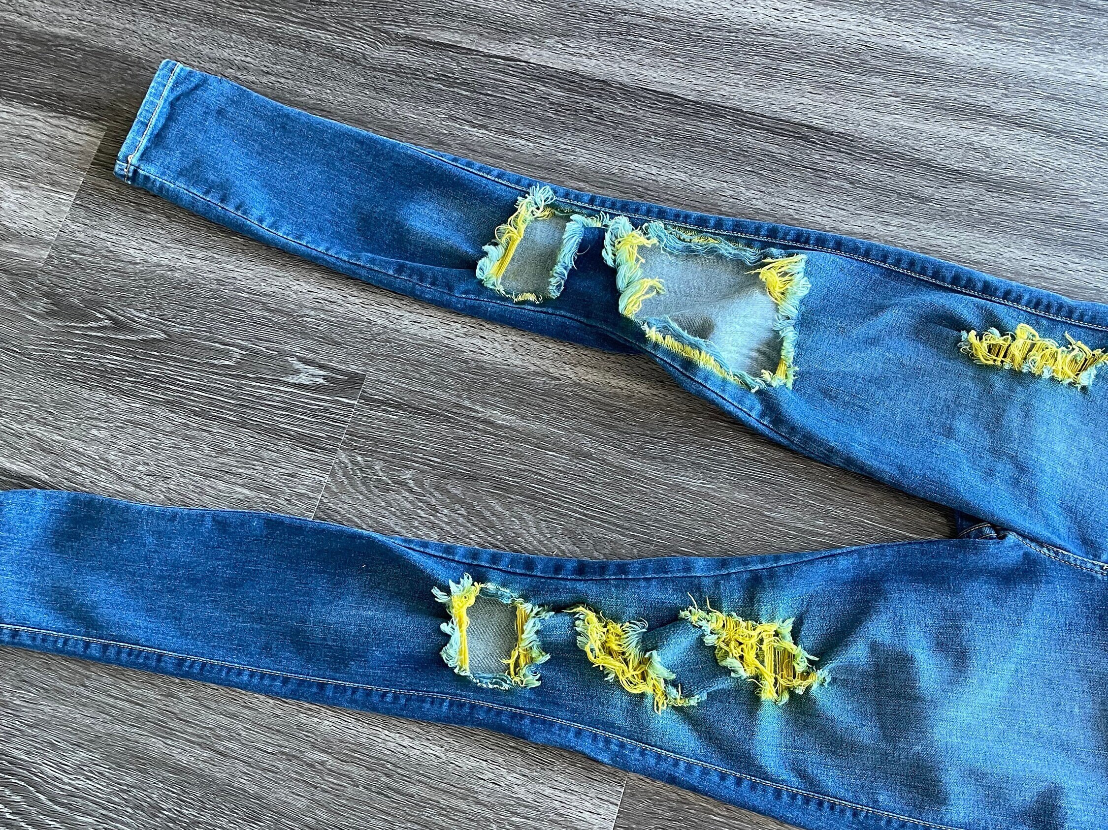 ◆THE MUSEUM VISITOR◆ HAND PAINTED DENIM PANTS YELLOW 10317 Blue Jeans With Yellow Distress - Etsy