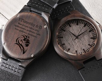 Engraved Sandalwood Christian Watch – Religious Gift for Him