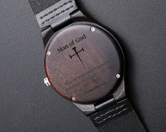 Christian Father's Day – Engraved Sandalwood Watch for Him – Christian Gift, Bible Verse