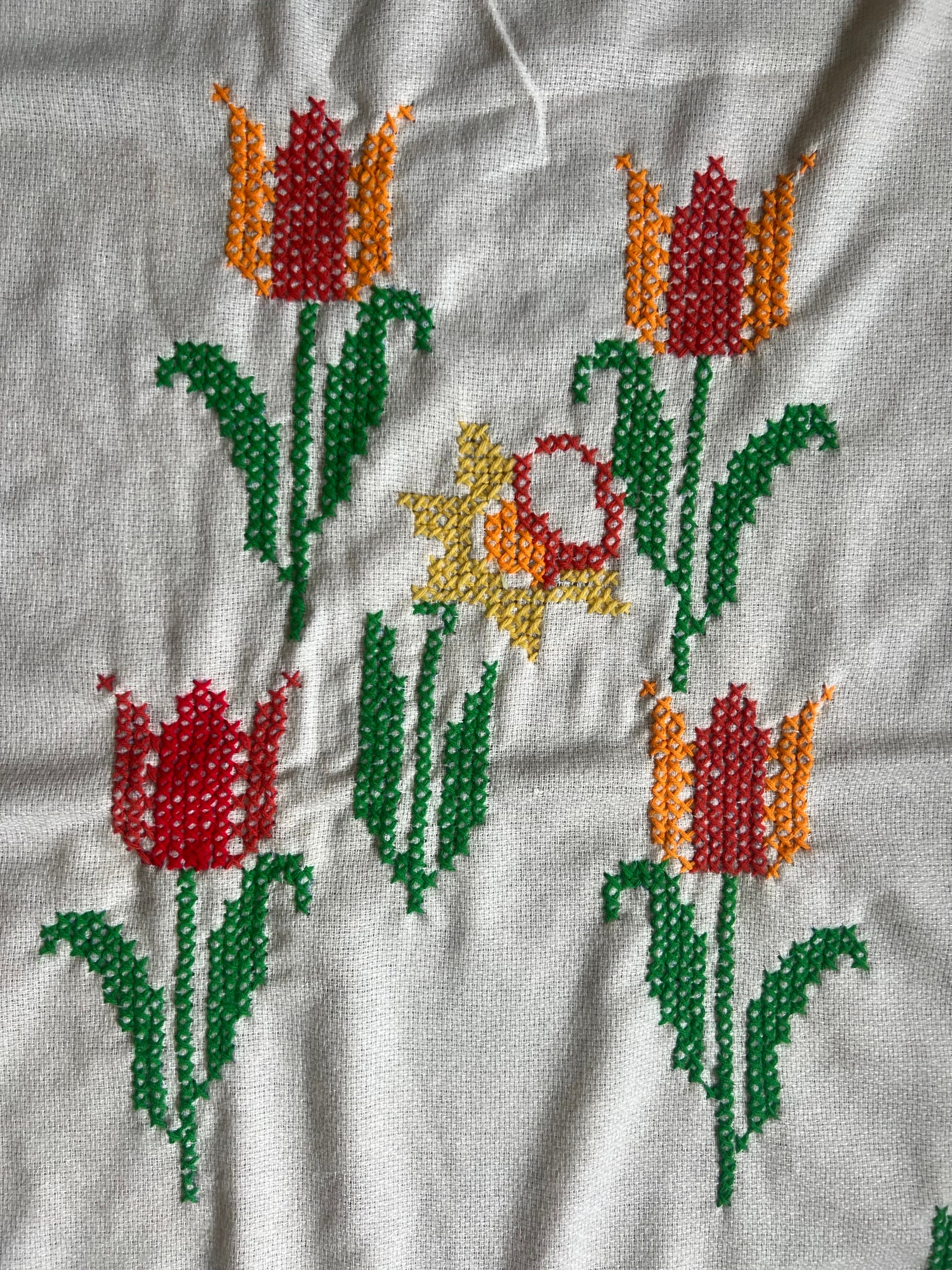 Cross Stitch Patterns Rectangular Fantastic Vintage Hand Embroidered Cross-stitch Rectangle Tablecloth ...