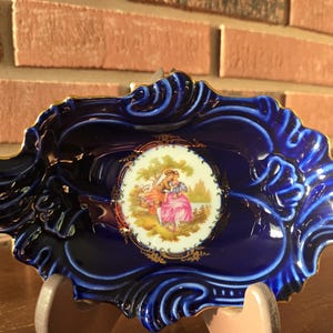 Limoges Castle France Porcelain Cobalt Blue and 22k Gold Courting Couple Embrace Vintage Trinket Tray