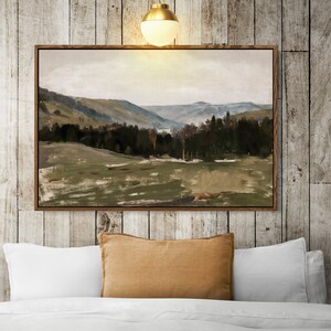 Framed Canvas Vintage Wall Art • Landscape Painting Nature • Extra Large Neutral Oversized Country Decor • Green Tree Farmhouse Art•CAN-725