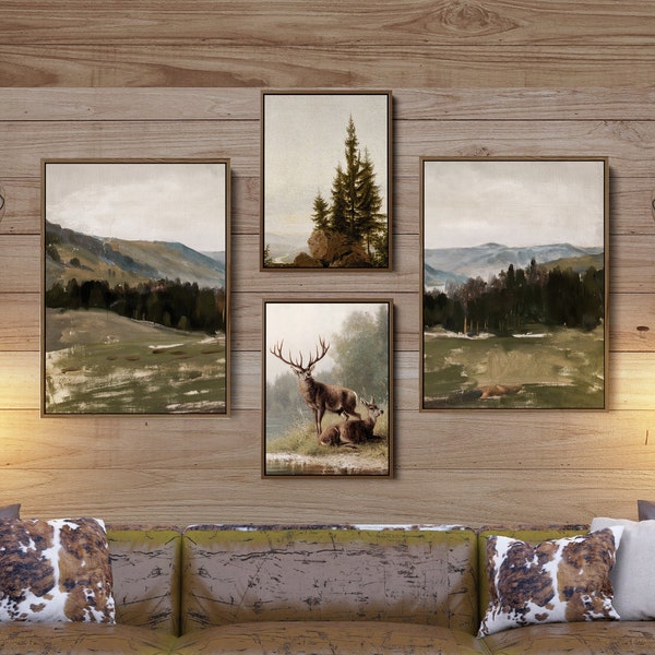 4 Framed Canvas PRE-SIZED Rustic Cabin Gallery Wall Art • Vintage Nature Mountain Paintings • Extra Large Country Lodge Deer Decor •GAL-18