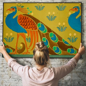 Framed Canvas Peacock Wall Art Colorful Boho Mid Century Modern Vintage Bird Art Nouveau Craftsman Decor 70s Eclectic Morris CAN-539 image 1