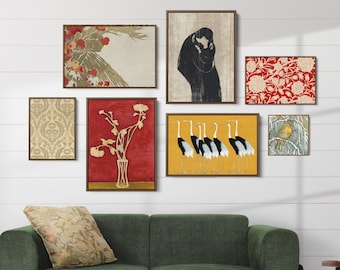 7 Framed Canvas PRE-SIZED Gallery Wall Art Set • Eclectic Boho Red Yellow Mid Century Modern Floral Vintage Art • Bird Art Nouveau • GAL-05