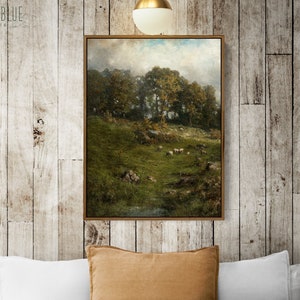Framed Canvas Vintage Wall Art • Landscape Painting Nature • Extra Large Neutral Oversized Country Decor • Green Tree Farmhouse Art•CAN-714