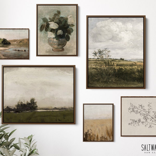 6 Framed Canvas Landscape PRE-SIZED Gallery Wall Art • Vintage Oil Painting Nature Extra Large Oversized Farmhouse Decor Neutral Green GAL-9