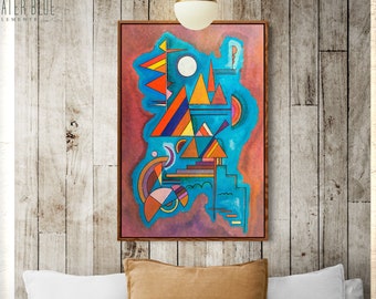 Framed Canvas Mid Century Modern Wall Art • Vintage Oil Painting Abstract Modern Art • Extra Large Oversized Kandinsky Decor • CAN-536