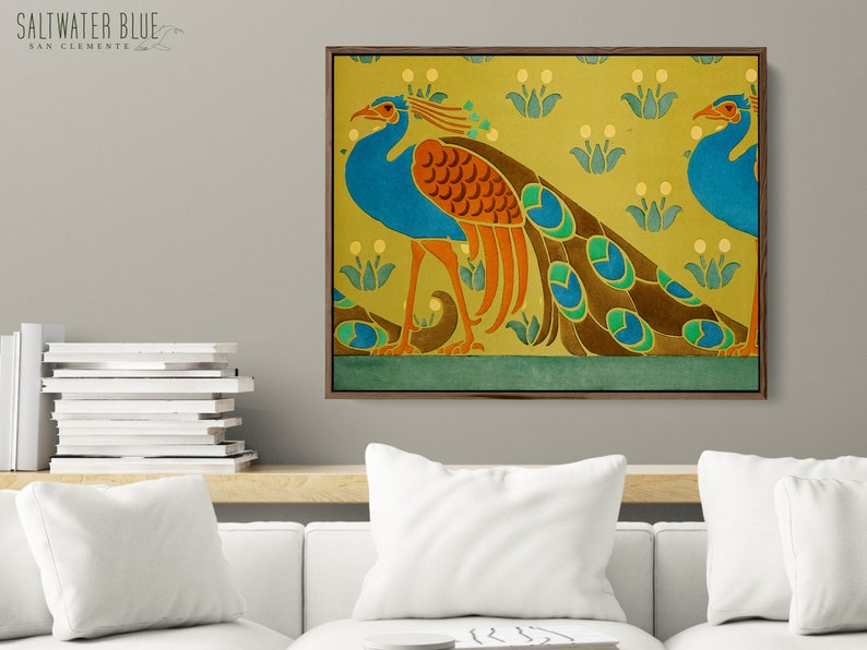 Framed Canvas Peacock Wall Art Colorful Boho Mid Century Modern Vintage Bird Art Nouveau Craftsman Decor 70s Eclectic Morris CAN-539 image 4