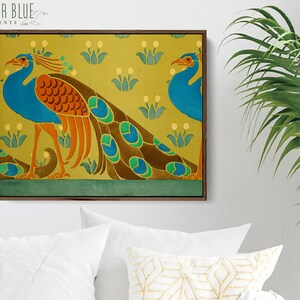 Framed Canvas Peacock Wall Art Colorful Boho Mid Century Modern Vintage Bird Art Nouveau Craftsman Decor 70s Eclectic Morris CAN-539 image 2