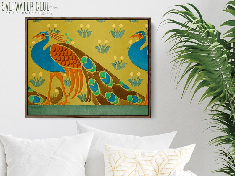 Framed Canvas Peacock Wall Art Colorful Boho Mid Century Modern Vintage Bird Art Nouveau Craftsman Decor 70s Eclectic Morris CAN-539 image 2