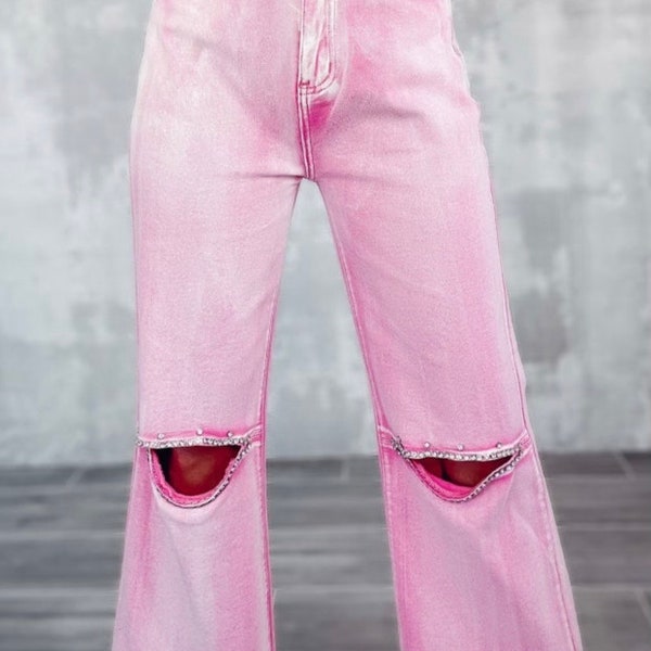 Rhinestone Pink Denim Jeans // Trouser High Waist Flare Leg Jeans // Cowgirl Boho Hippie Concert Pants