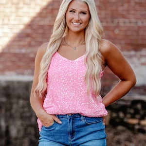 Pink Sequin Tank Top // Nashville Bachelorette Party Pink Rhinestone Top Bar Wear Western Rodeo Cowgirl