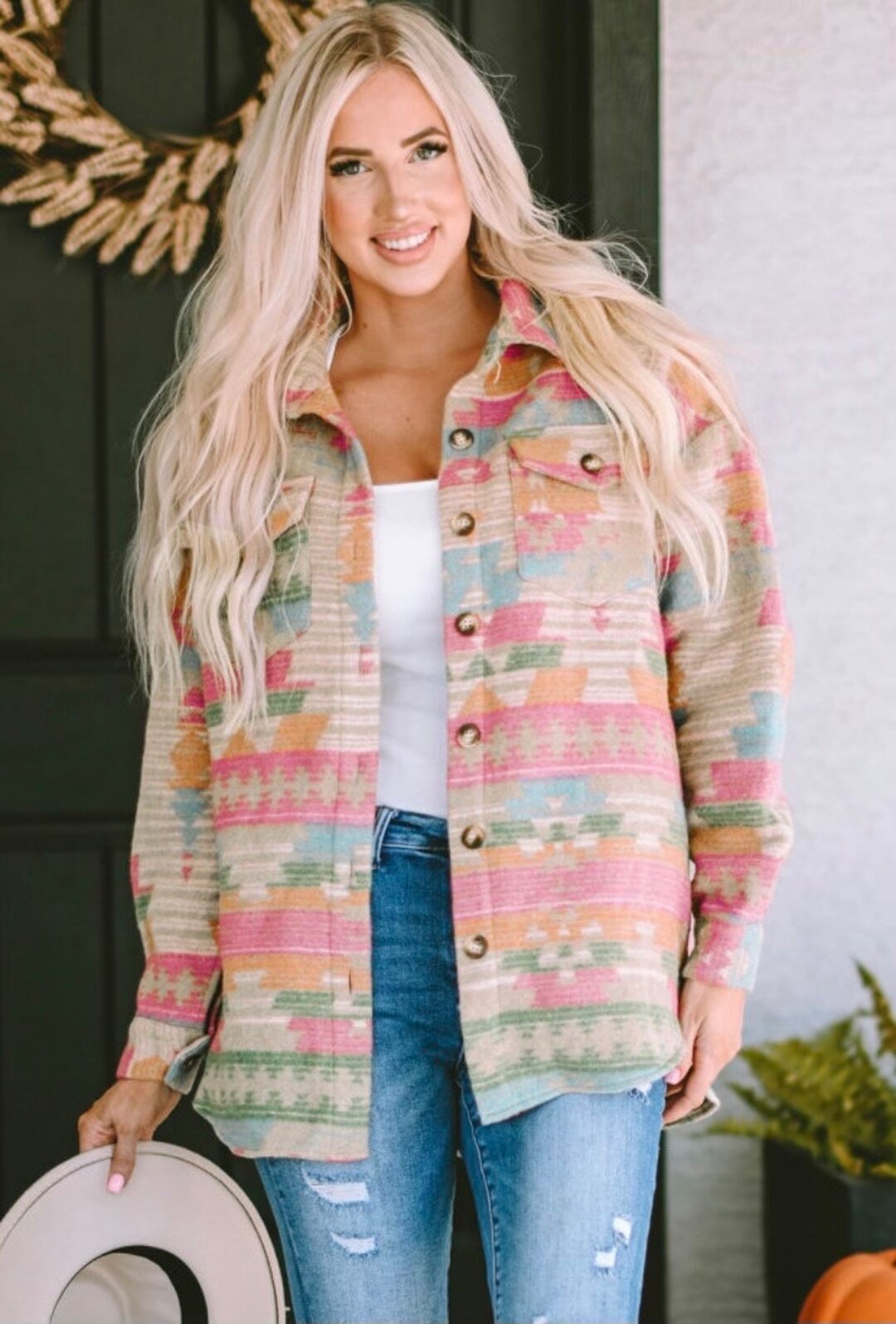Southwestern Pink Aztec Jacket // Oversized Western Jacket Shacket