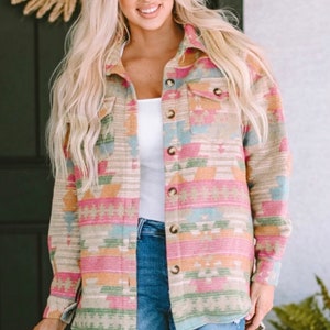 Southwestern Pink Aztec Jacket // Oversized Western Jacket Shacket // Geometric Yellowstone Printed Coat