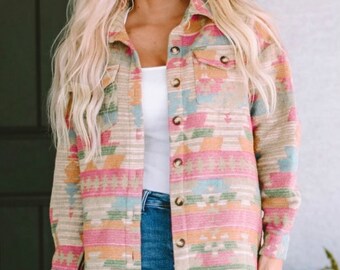 Southwestern Pink Aztec Jacket // Oversized Western Jacket Shacket // Geometric Yellowstone Printed Coat