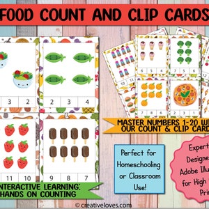 Educational Food Count and Clip Cards for Preschool Kids – Fun Learning Tool, Interactive Math Printable, Play Based Learning, Fine Motor