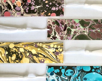 Handmade Laminated Marbled Bookmarks ︱ Random Set of 3 ︱ Double-Sided Marbled Paper Bookmarks ︱ One-of-a-Kind Colorful Bookmarks with Tassel