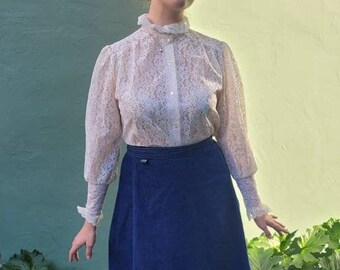 S 70's Teddi of California, Victorian Inspired, Lace and Ruffled Collar, Academic Blouse with Balloon Sleeves and Pearl Buttons