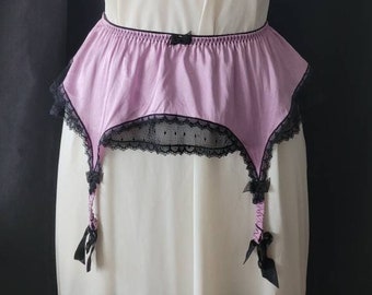 M 100% Silk, Vintage Victoria's Secret, Lavender, Garter Belt with Black Lace and Ribbon Bow Detailing