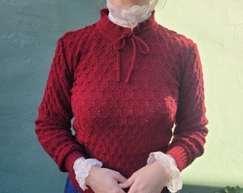 S 70's Handknit Pointelle, Burgundy, Drawstring Collar, Balloon Sleeve, Pin Up Sweater