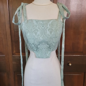S/M Handmade Corset Top, Regency Inspired, in Teal Brokade, with Ribbon Tie Straps and Corset back
