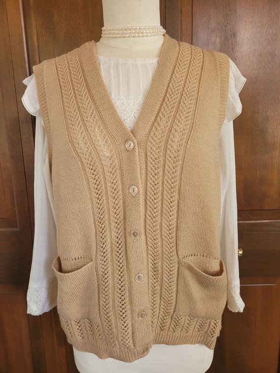 L Vintage, Beige Pointelle Knit, Sweater Vest - image 2