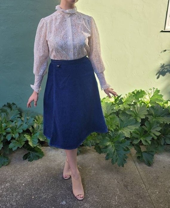 M 70's Denim, Apron Wrap Style, Midi Length Skirt,