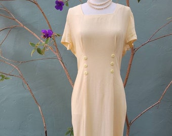 M 1980's Chiasso, Butter Yellow, Button Detailed, Hourglass, Pin Up, Dress with Square Neckline