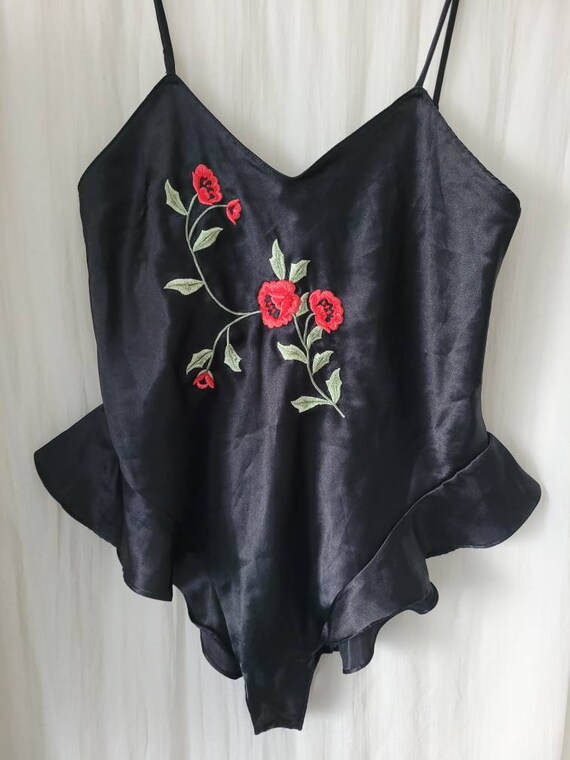 S Vintage Delicates, Black Satin, Romper, Teddy, … - image 3