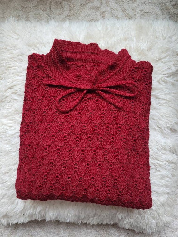 S 70's Handknit Pointelle, Burgundy, Drawstring C… - image 5