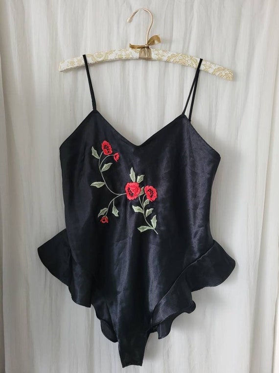 S Vintage Delicates, Black Satin, Romper, Teddy, … - image 1