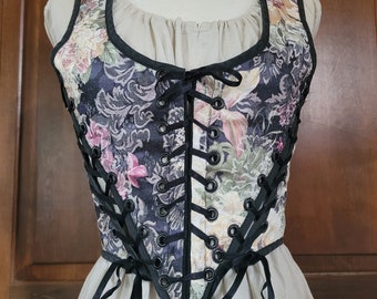 S Handmade Corseted Vest with Center and Side Lacing, Reversible Floral Brokade and Black Demask