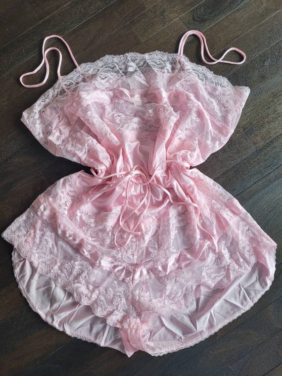 M Vintage Pretty in Pink Satin and Lace Teddy