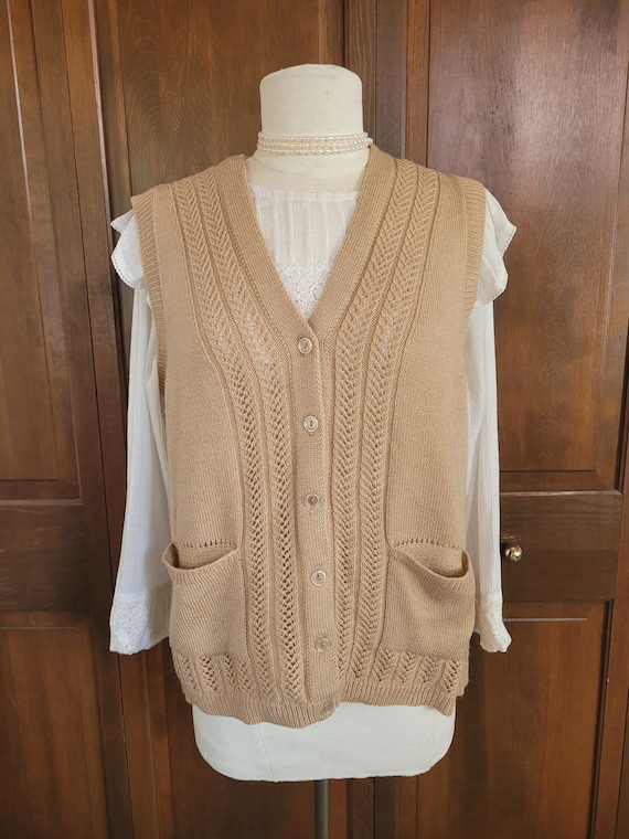 L Vintage, Beige Pointelle Knit, Sweater Vest - image 1