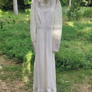 Vestido largo estilo Gunne Sax, hecho a mano, de algodón color crema, con mangas de encaje y dobladillo con volantes, talla XS