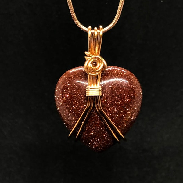 Goldstone Heart Shaped Crystal Necklace/ Red Goldstone Sparkly Jewelry/ Root Chakra and Solar Plexus Healing Jewelry
