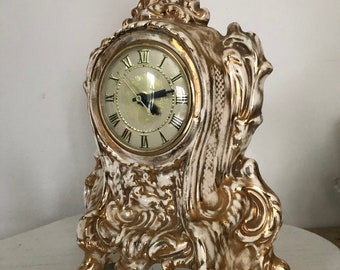 Vintage English White and Gold Ceramic Clock