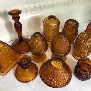 Vintage Amber Glass Fairy Lamps - Diamond Tiara Stars and Bars Viking Indiana Party Lite Candle Holders