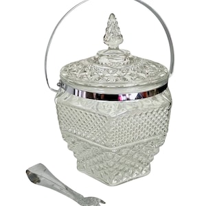 Vintage Tiara Diamondpoint Clear Glass Ice Bucket with lid and tongs