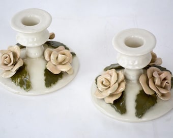 White Rose Vintage Ceramic Candlestick Holders - Set of 2