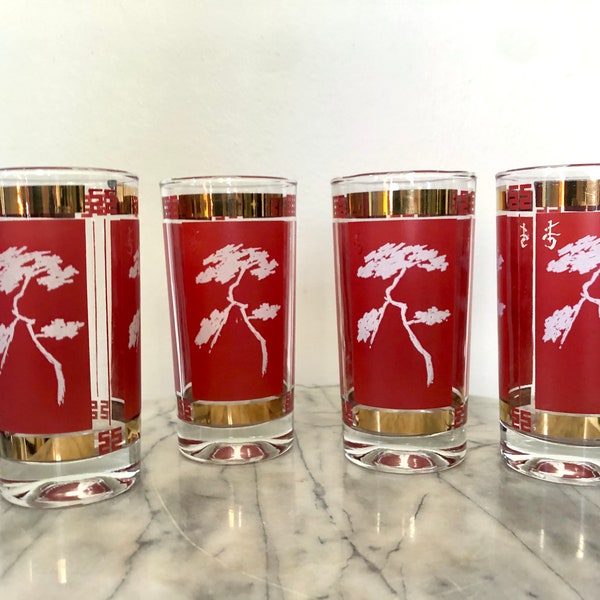 Bonsai Tree Red & Gold Vintage Chinoiserie Midcentury Asian Highball Drinking Glasses - Set of 4