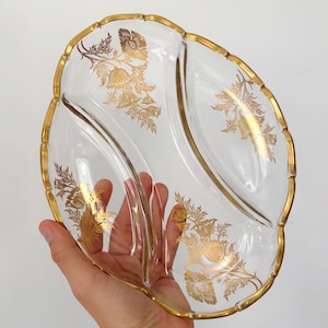 Vintage Gold Floral Glass 3 Compartment Dish