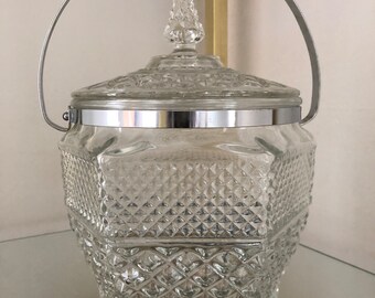 Vintage Tiara Diamondpoint Clear Glass Ice Bucket with lid and tongs