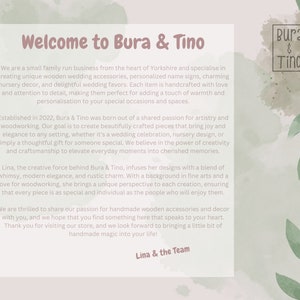 Puede incluir: Bienvenido a Bura & Tino, un negocio familiar especializado en la creaci&oacute;n de accesorios de boda de madera hechos a mano, letreros de nombres personalizados, decoraci&oacute;n de guarder&iacute;a y favores de boda. El texto destaca su pasi&oacute;n por el arte y la artesan&iacute;a, enfatizando la naturaleza &uacute;nica y personalizada de sus productos.