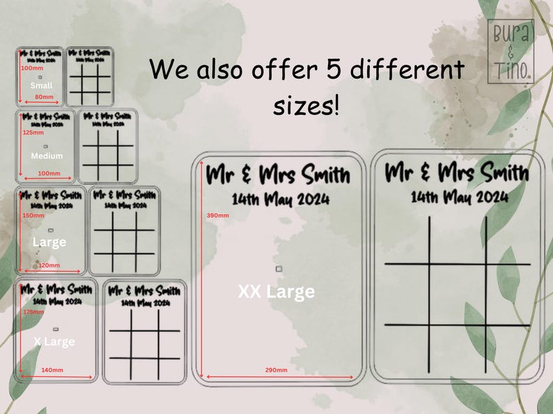 May include: Five different sizes of clear acrylic tic-tac-toe boards with black lines. The boards are labeled with the text "Mr. & Mrs. Smith" and the date "14th May 2024". The sizes are: Small (80mm x 100mm), Medium (100mm x 125mm), Large (120mm x 150mm), X Large (140mm x 180mm), and XX Large (290mm x 300mm).