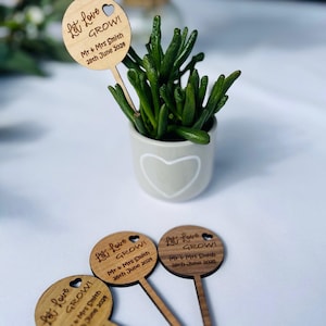May include: Three wooden plant markers with the text "Let Love Grow!" and personalised details for a wedding. The markers are in a circle shape with a heart cutout and are attached to wooden sticks.