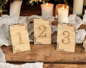 Rustic Oak Wedding Table Numbers | Engraved Floral Decor